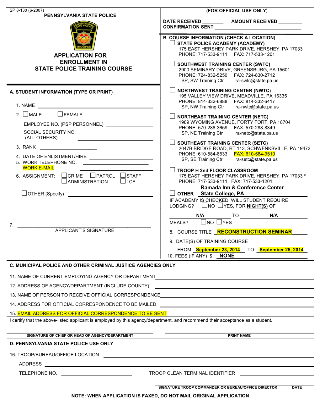 Application for Enrollment in State Police Training Course, Form Sp 8-130