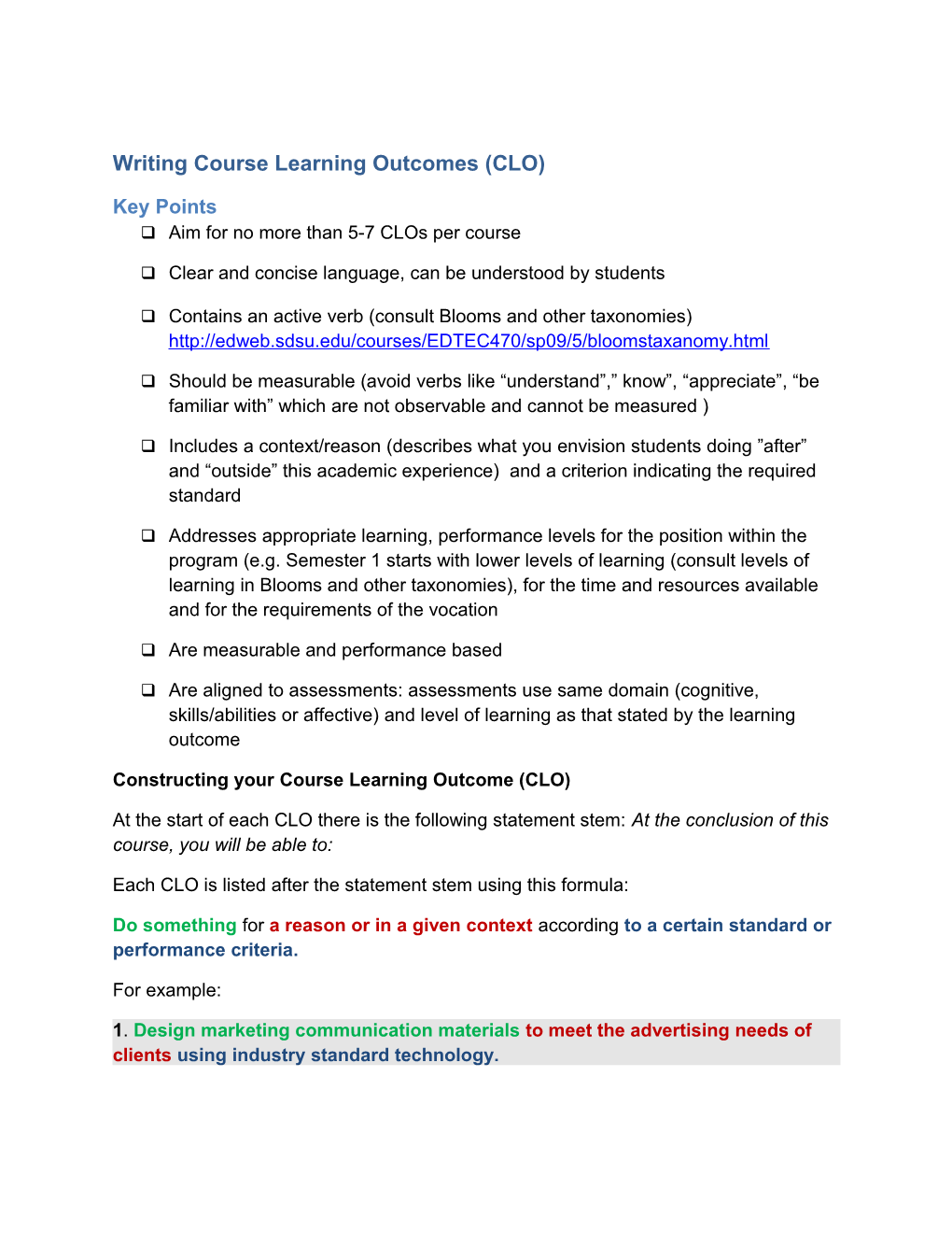 Writing Course Learning Outcomes (CLO)