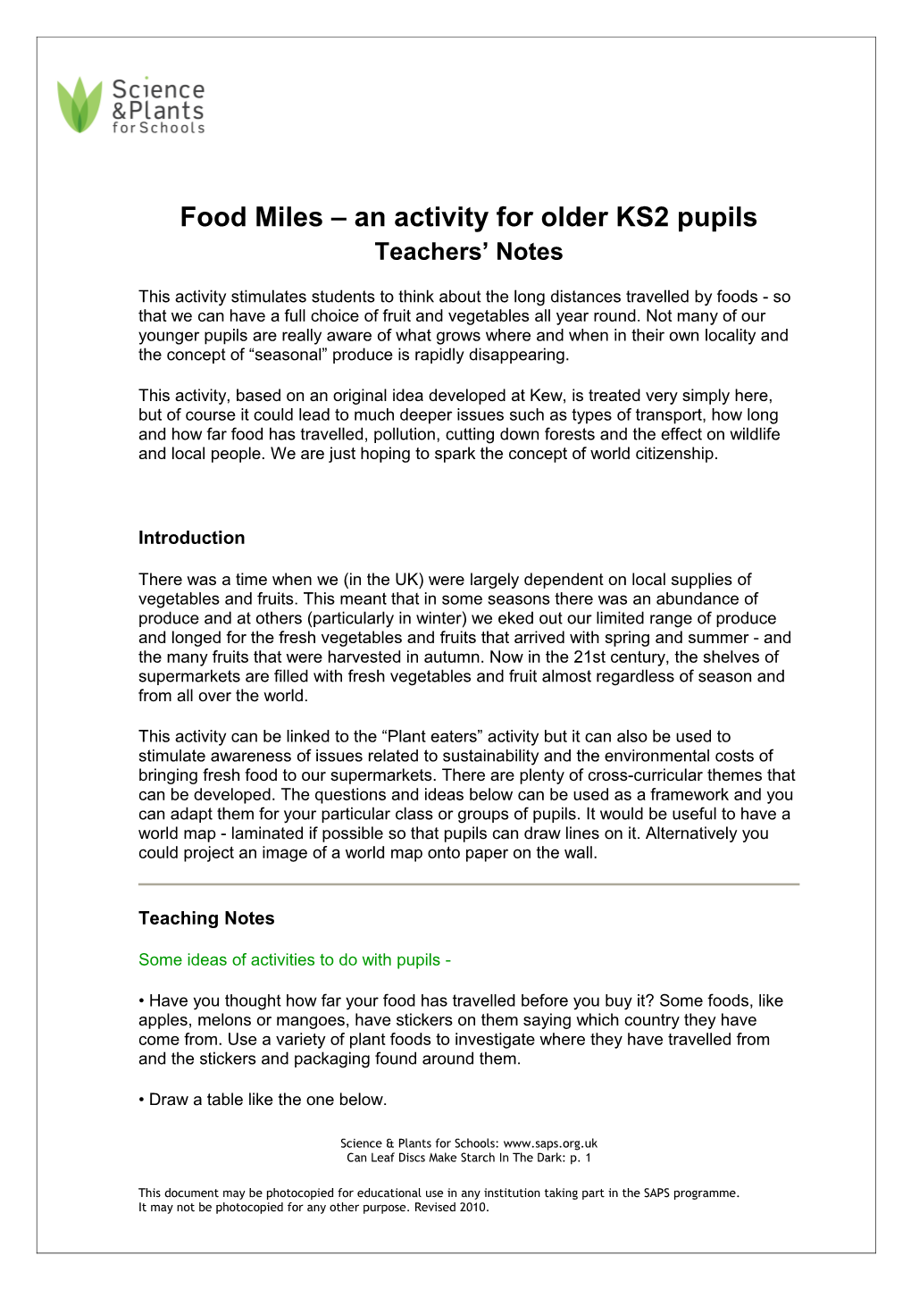 Food Miles an Activity for Older KS2 Pupils