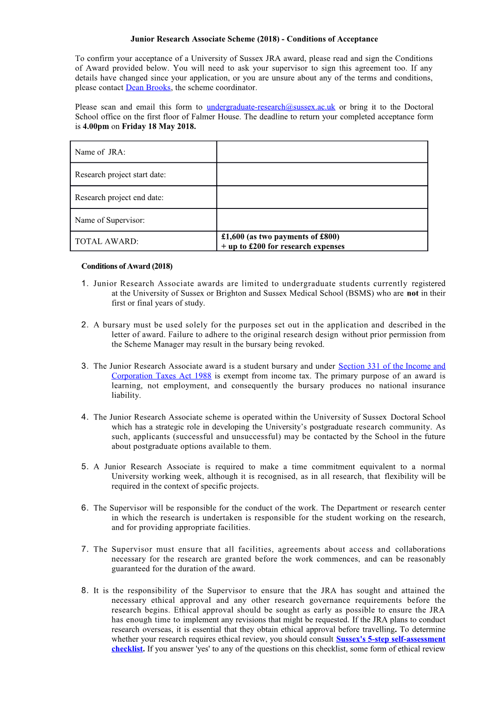 Junior Research Associate Scheme (2018) - Conditions of Acceptance