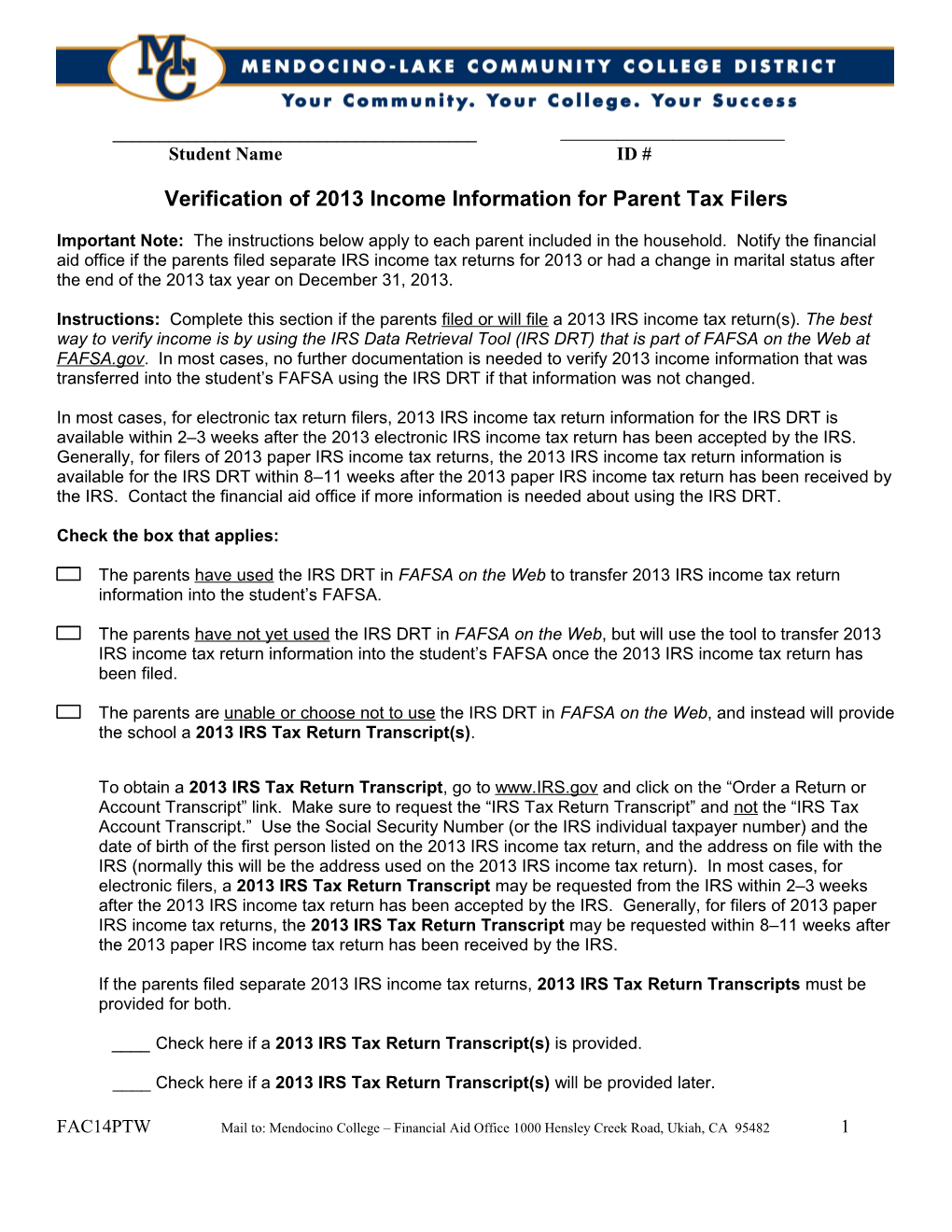 Verification of 2013 Income Information for Parent Tax Filers