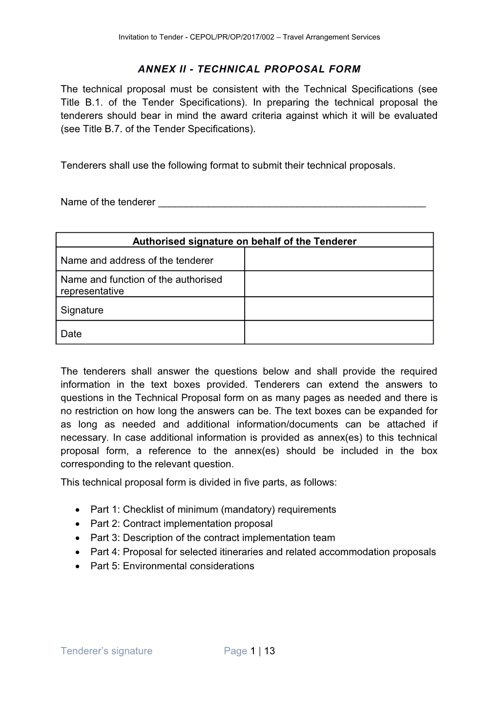 Annex Ii - Technical Proposal Form