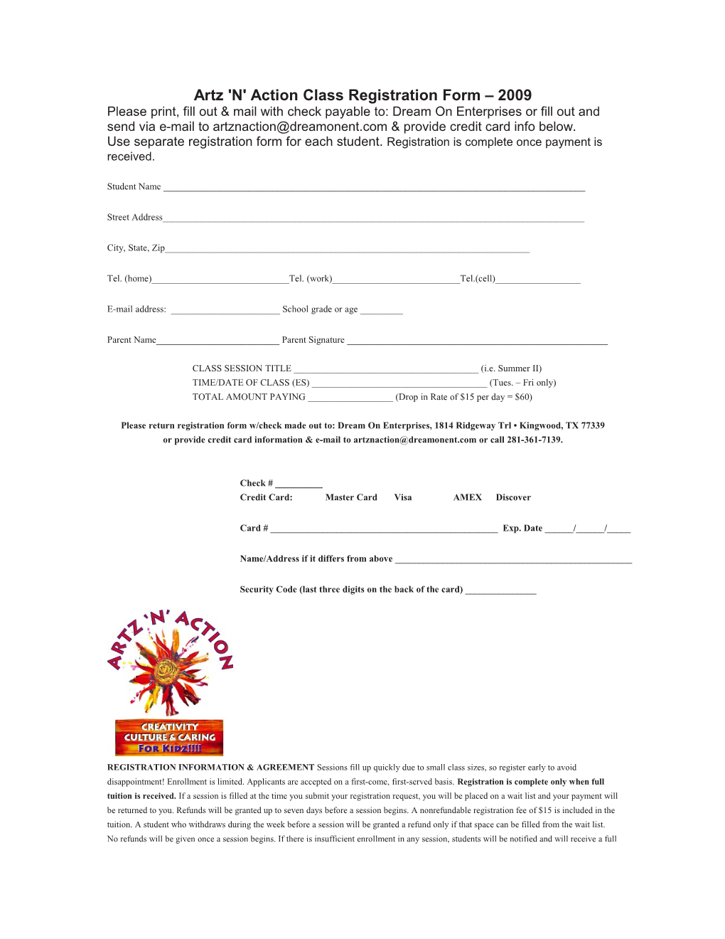 Artz 'N' Action Class Registration Form