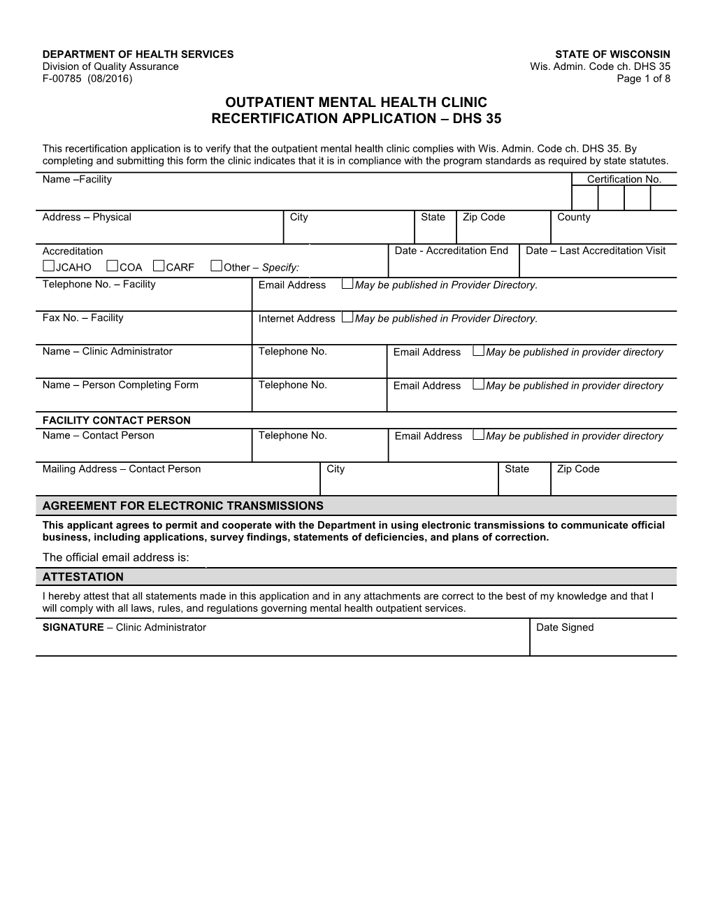 Outpatient Mental Health Clinic Recertification Application - DHS 35, F-00785