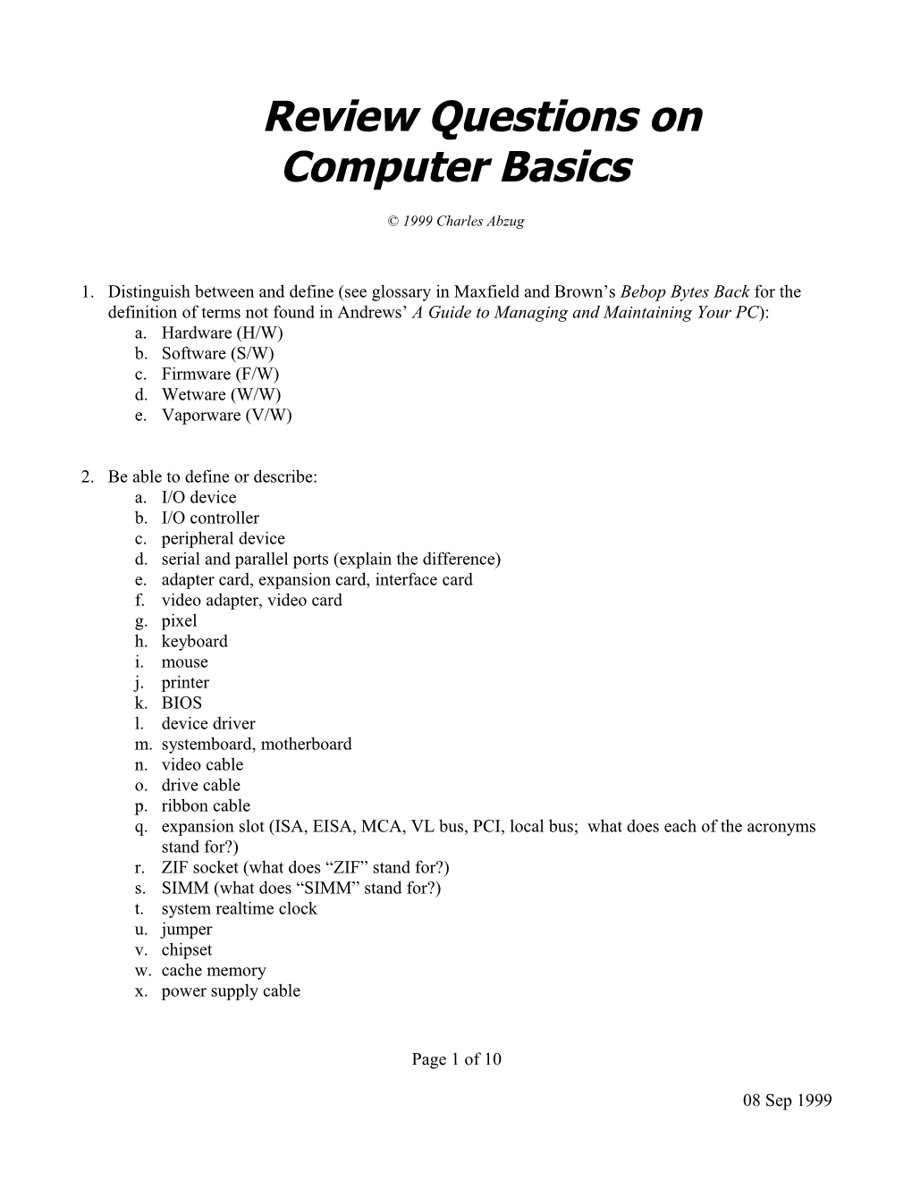 Review Questions on Computer Basics