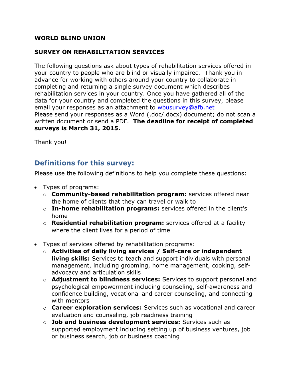 WBU Rehabilitation Services Survey