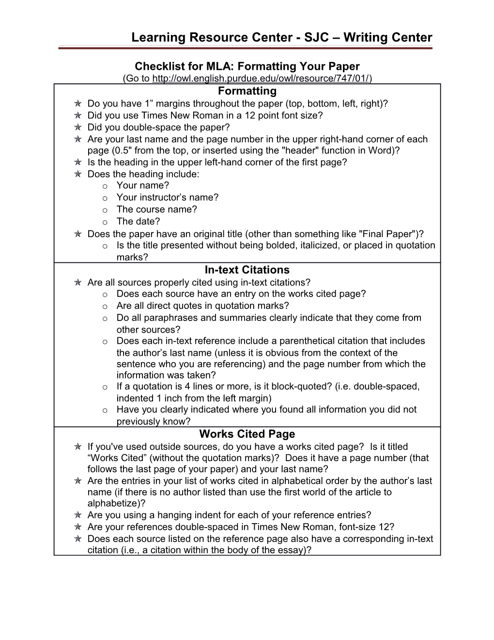 Checklist for MLA: Formatting Your Paper