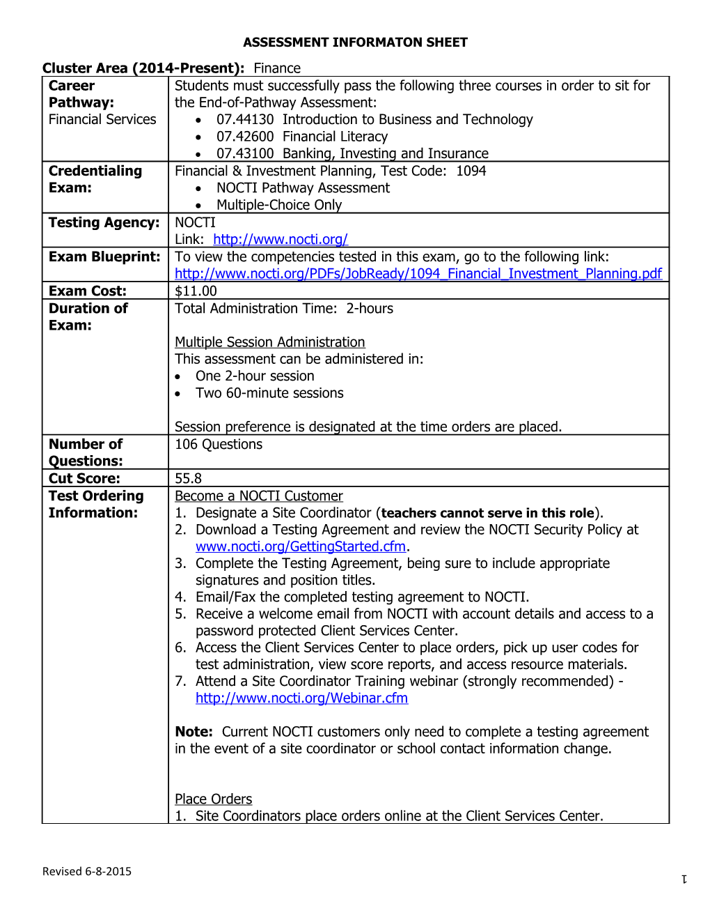 Assessment Informaton Sheet