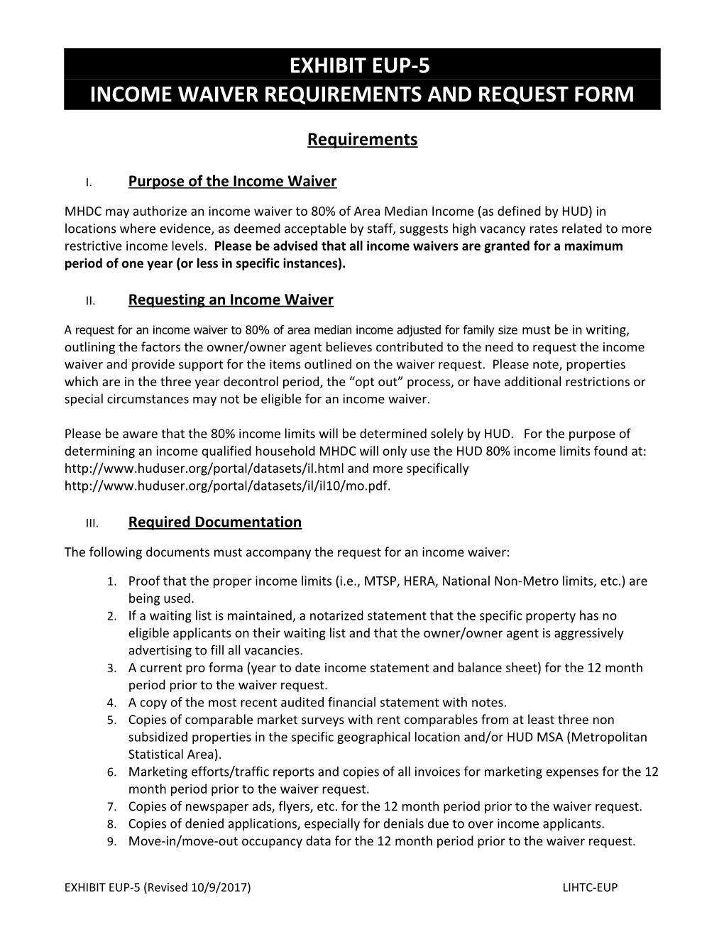 Income Waiver Requirements and Request Form