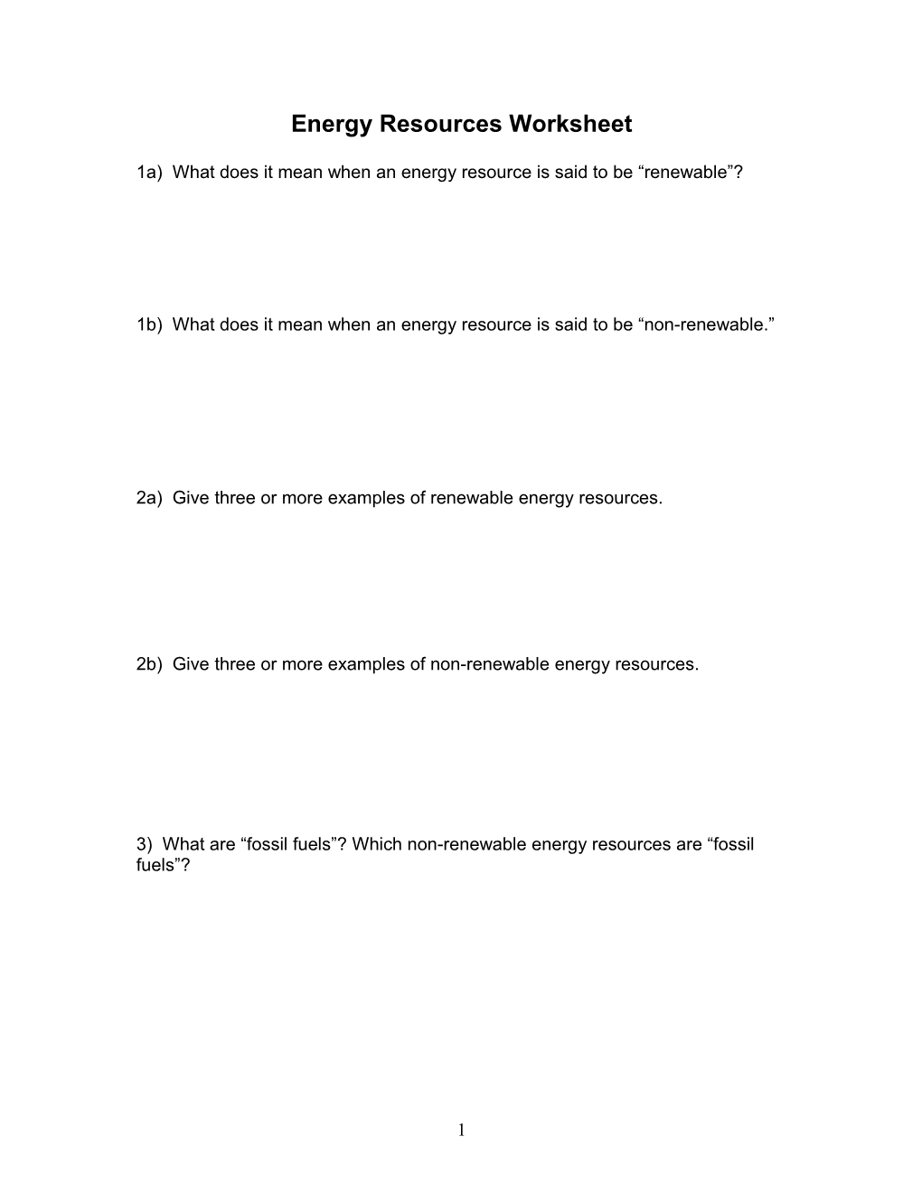 Student Worksheet on Energy Resources