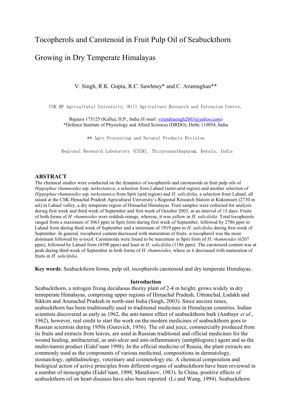 Tocopherols and Carotenoid in Fruit Pulp Oil of Seabuckthorn Growing in Dry Temperate Himalayas