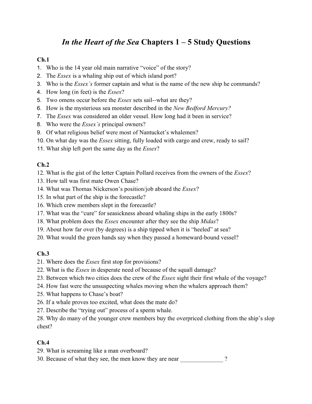 In the Heart of the Sea Chapters 1 5 Study Questions