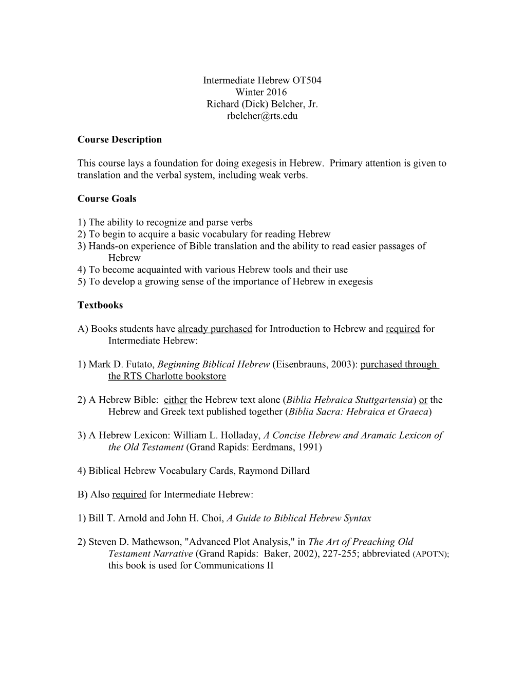 Intermediate Hebrew Syllabus 1