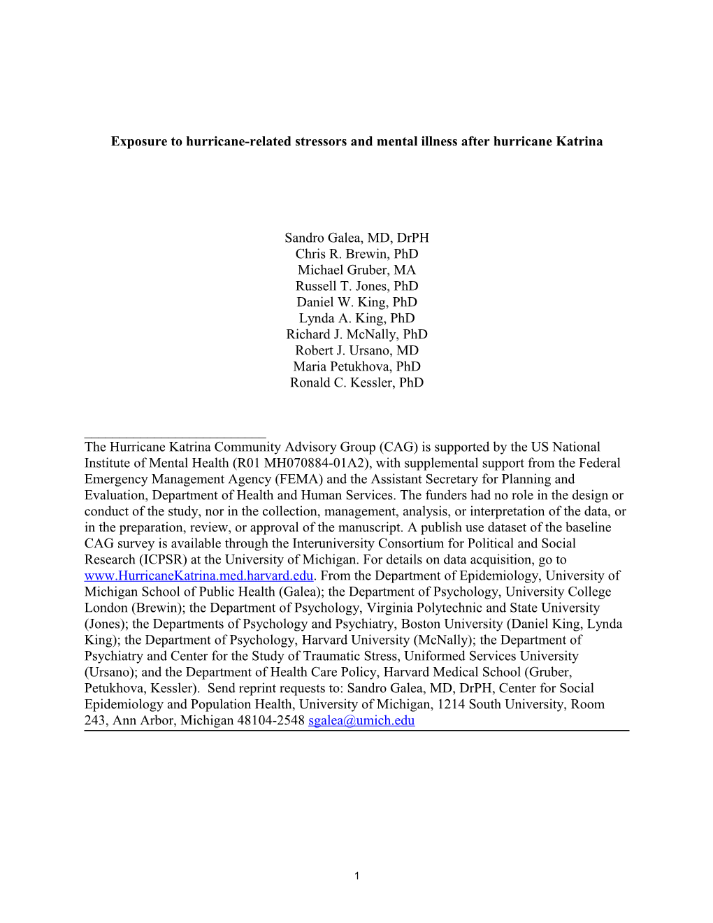 Exposure to Hurricane-Related Stressors and Mental Illness After Hurricane Katrina