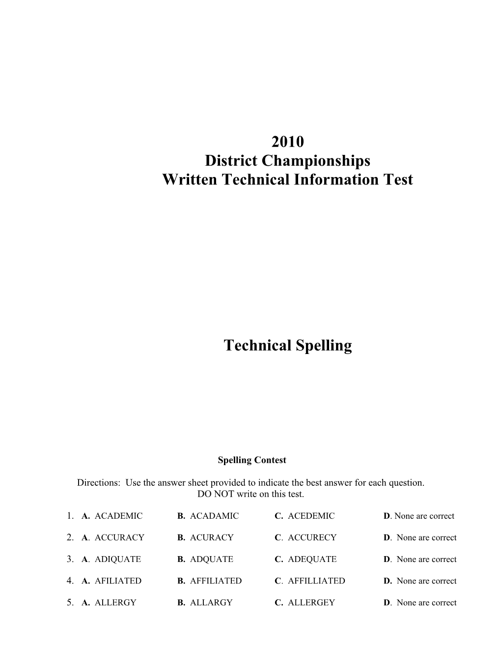 2005 Skillsusa Missouri District Championships Spelling Contest