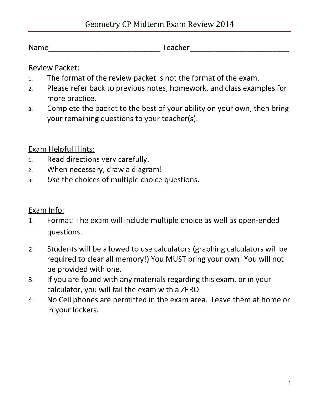 Geometry CP Midterm Exam Review 2014