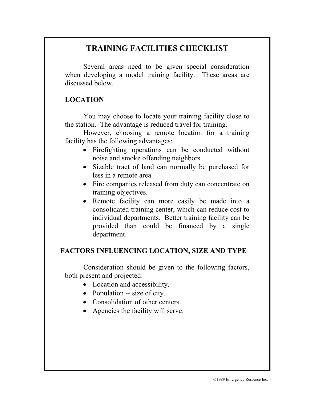 Training Facilities Checklist