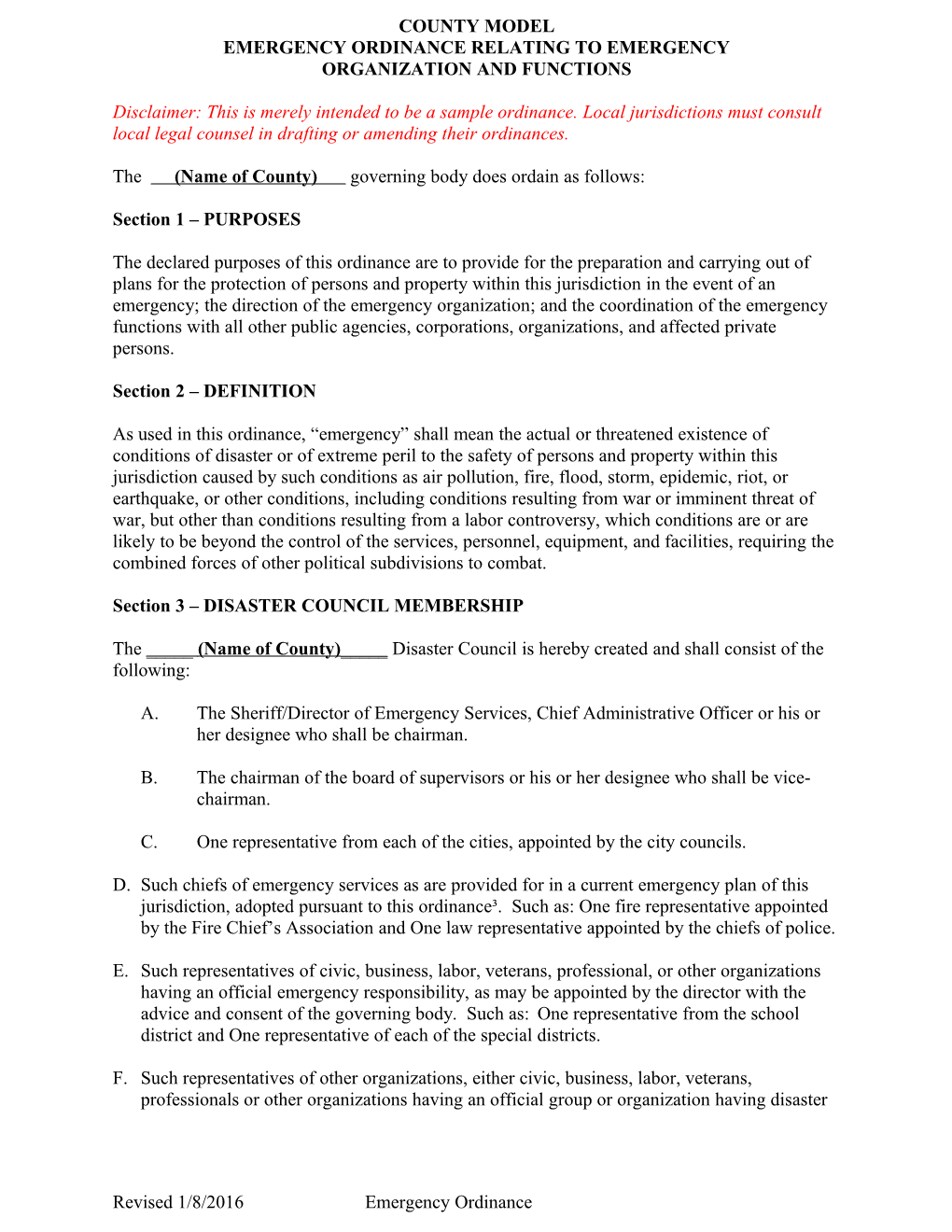 Disaster Council County Emergency Ordinance Model