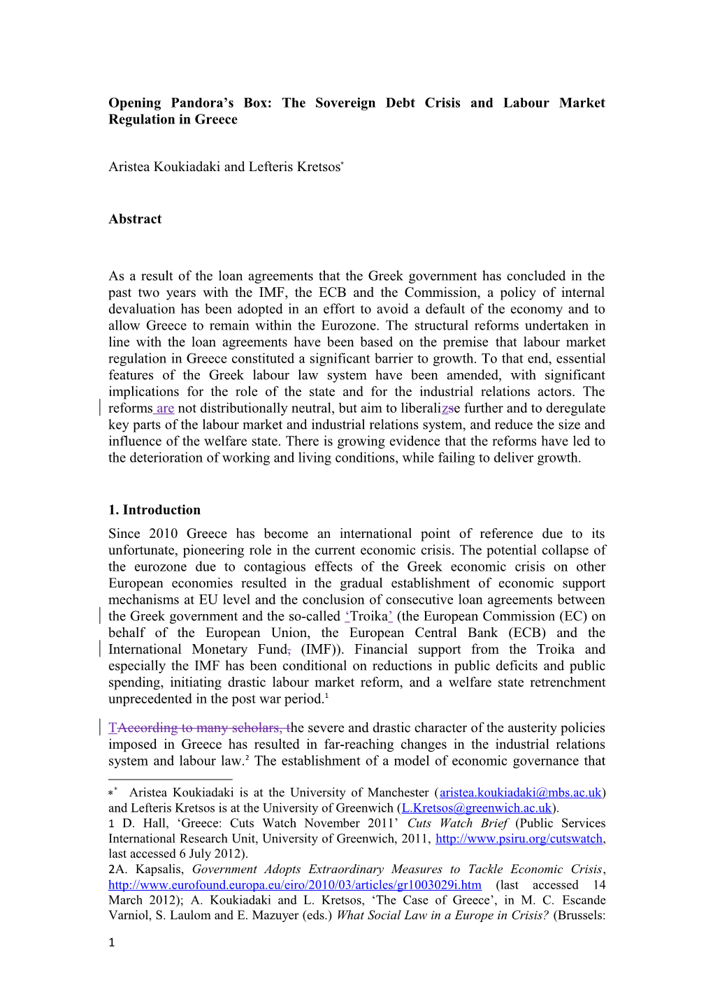 Opening Pandora S Box: the Sovereign Debt Crisis and Labour Market Regulation in Greece