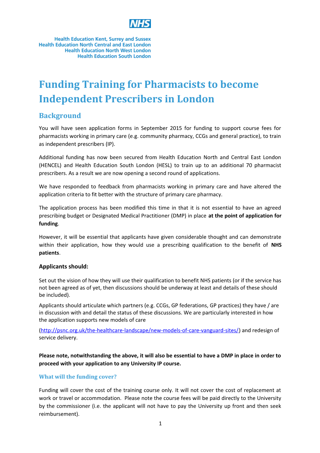 Funding Training for Pharmacists to Become Independent Prescribers in London