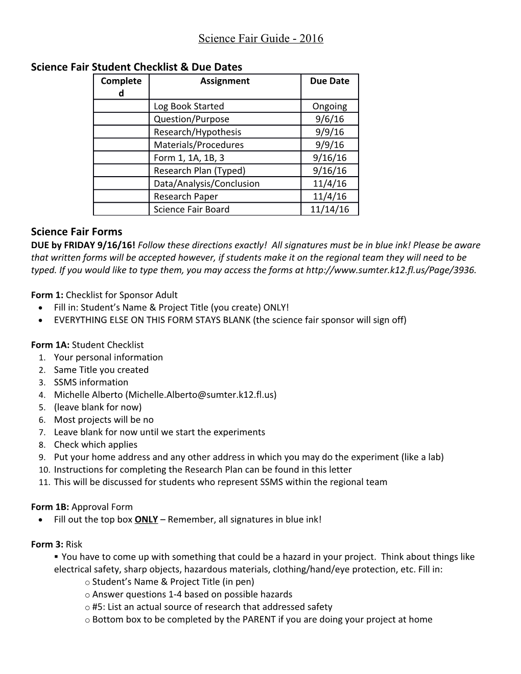 Science Fair Student Checklist & Due Dates