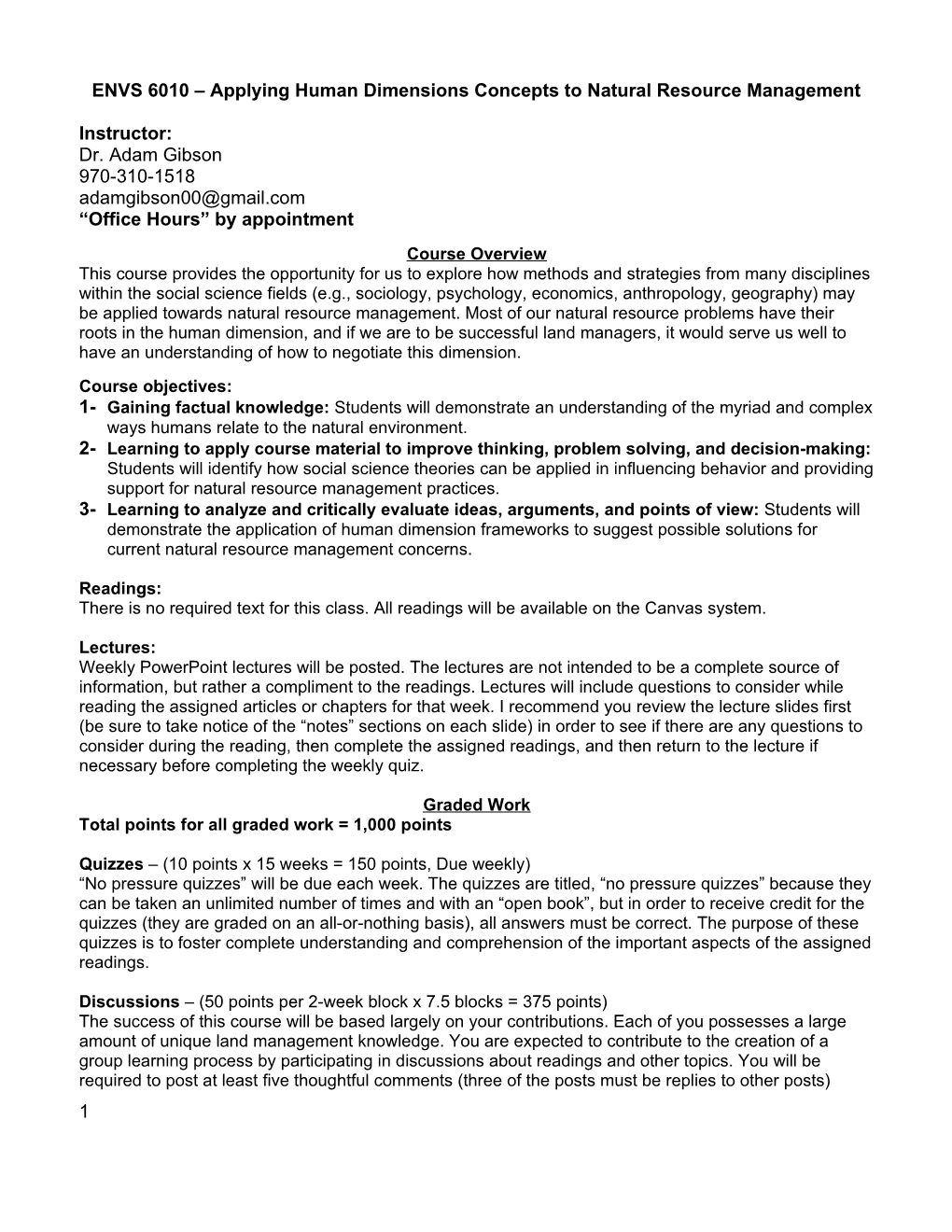 ENVS 6010 Applying Human Dimensions Concepts to Natural Resource Management