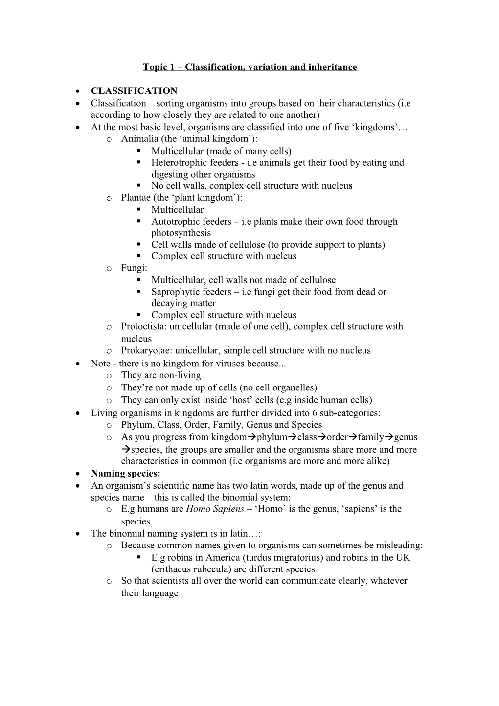 Topic 1 Classification, Variation and Inheritance