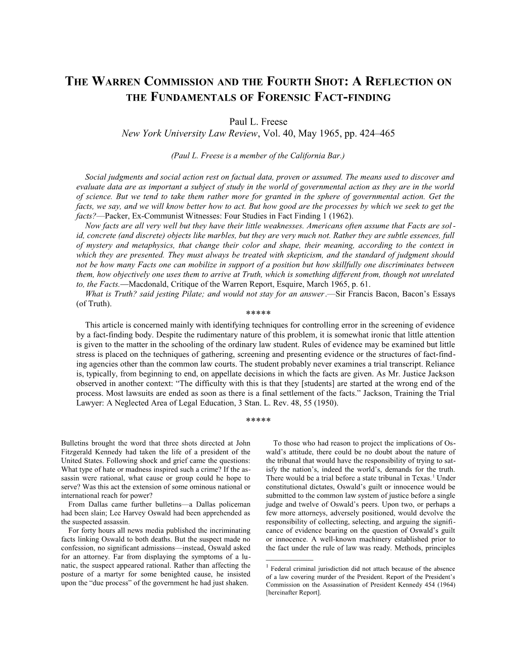 The Warren Commission from the Procedural Standpoint