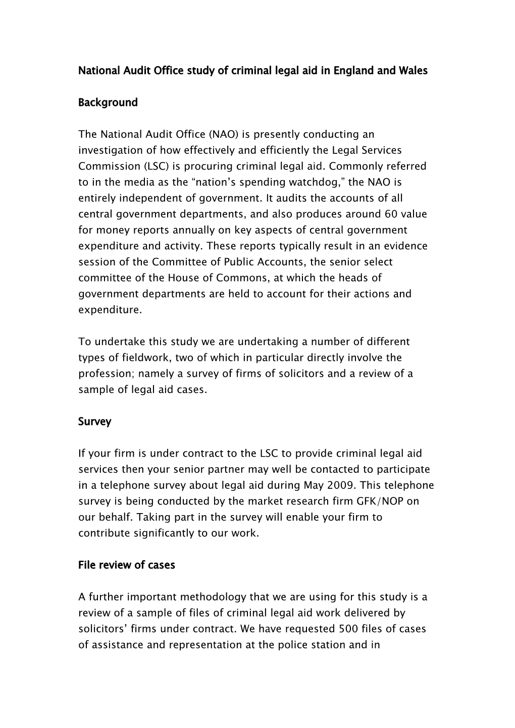 National Audit Office Survey of Criminal Legal Aid Solicitors Firms in England and Wales