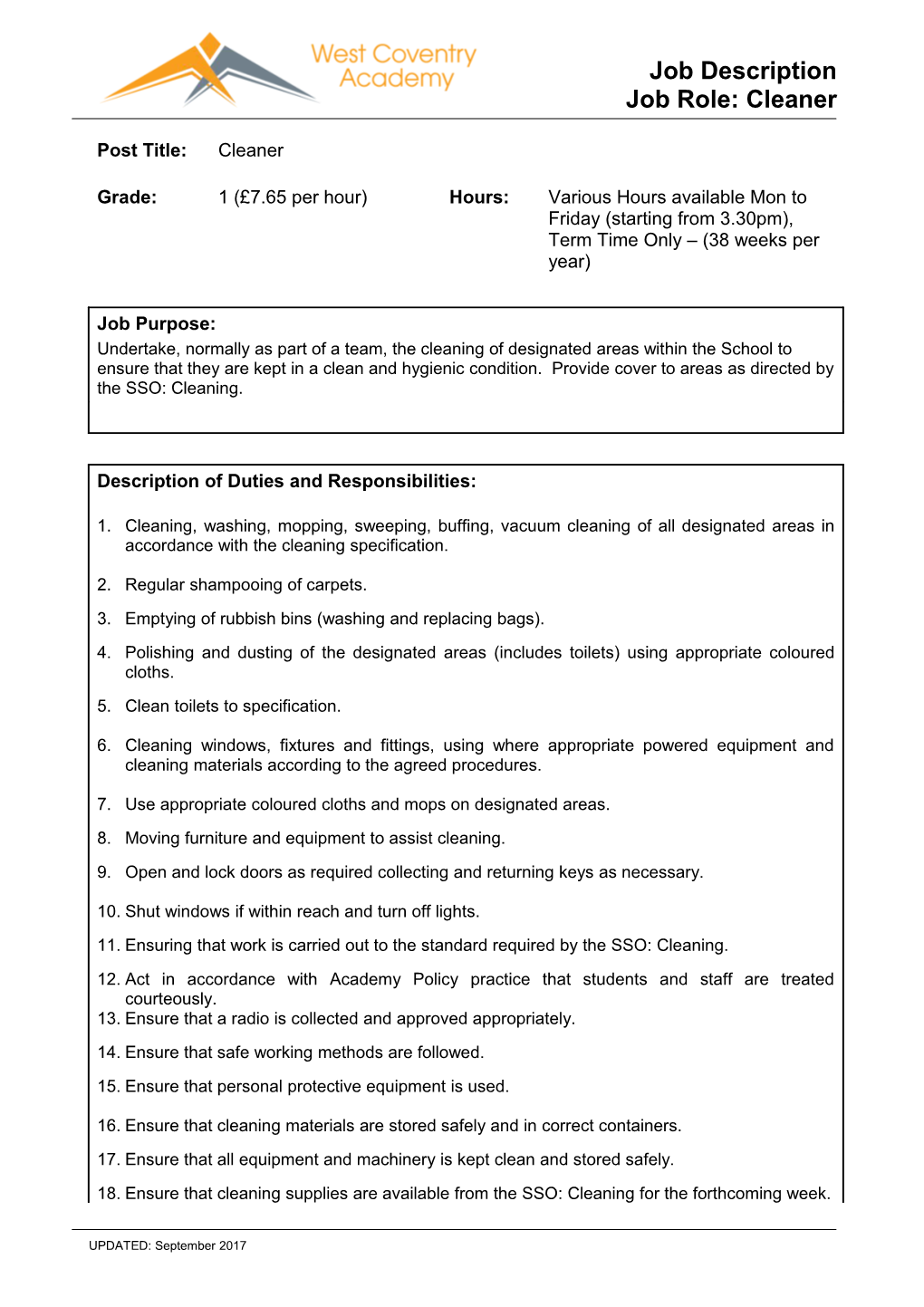 Person Specification for Deputy Headteacher
