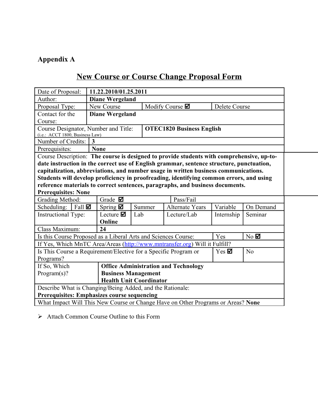New Course Or Course Change Proposal Form