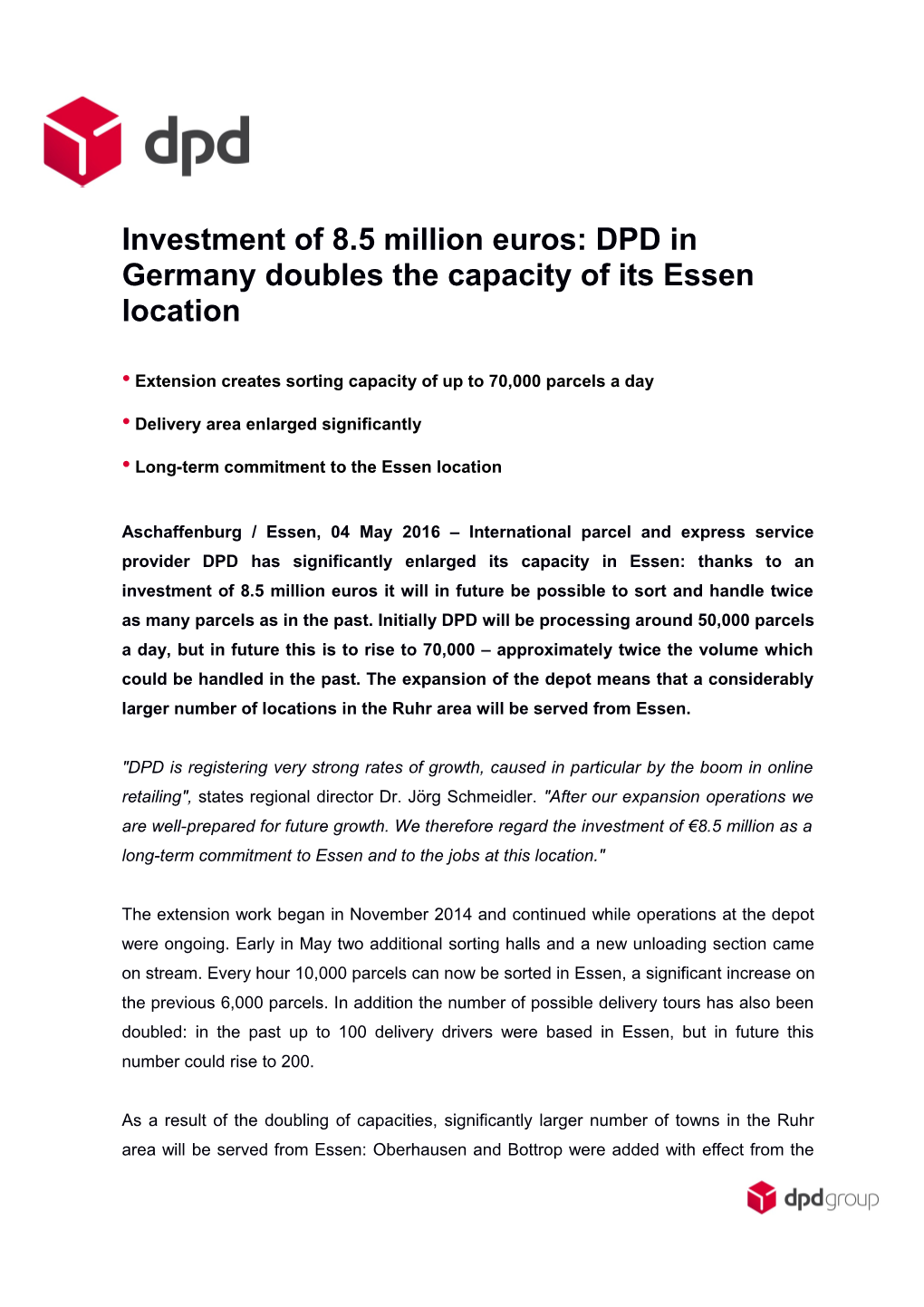 Investment of 8.5 Million Euros: DPD in Germany Doubles the Capacity of Its Essen Location