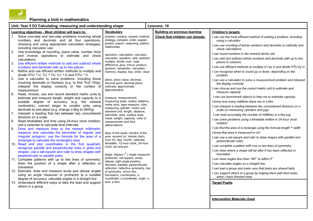 Unit: Year 5 D3 Calculating, Measuring and Understanding Shape