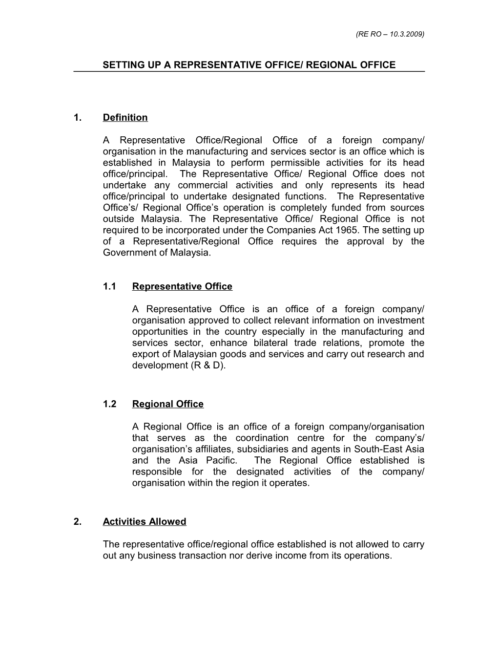 Setting up a Representative Office/ Regional Office