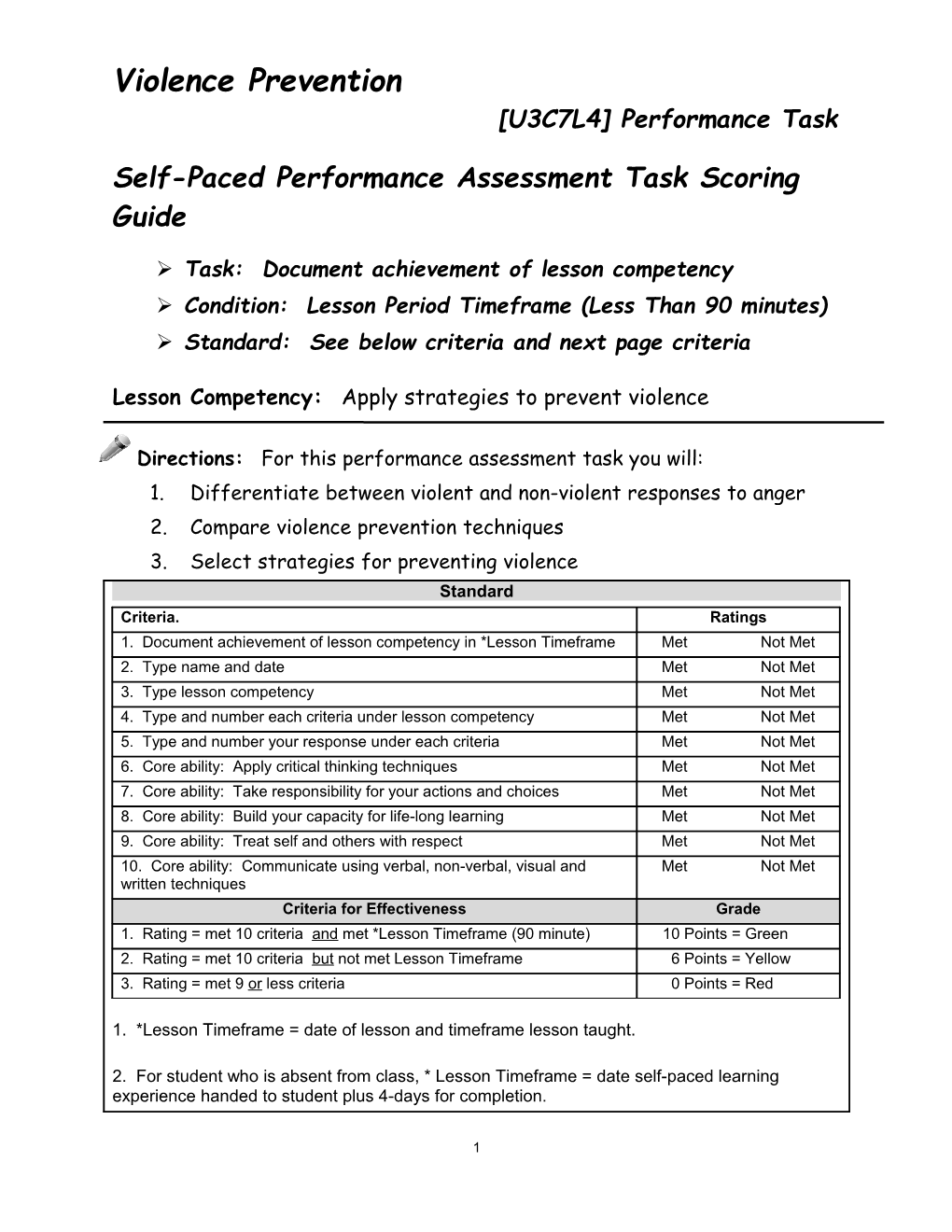 Self-Paced Performance Assessment Task Scoring Guide