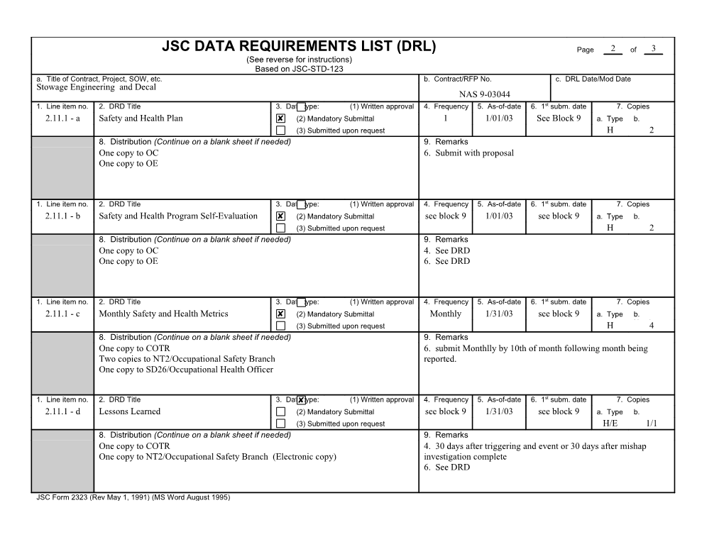 JSC Data Requirements List (DRL)