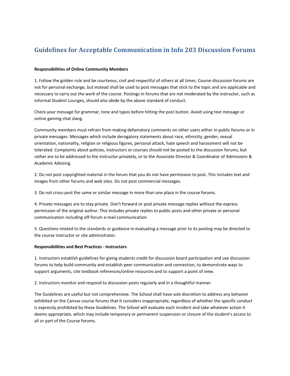 Guidelines for Acceptable Communication in Info 203Discussion Forums