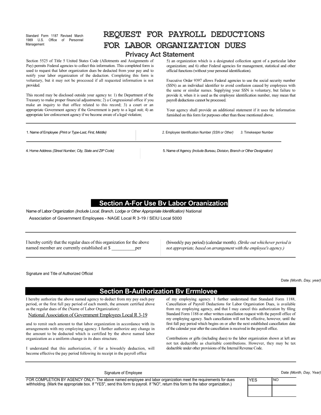 Standard Form 1187 Revised March 1989 U