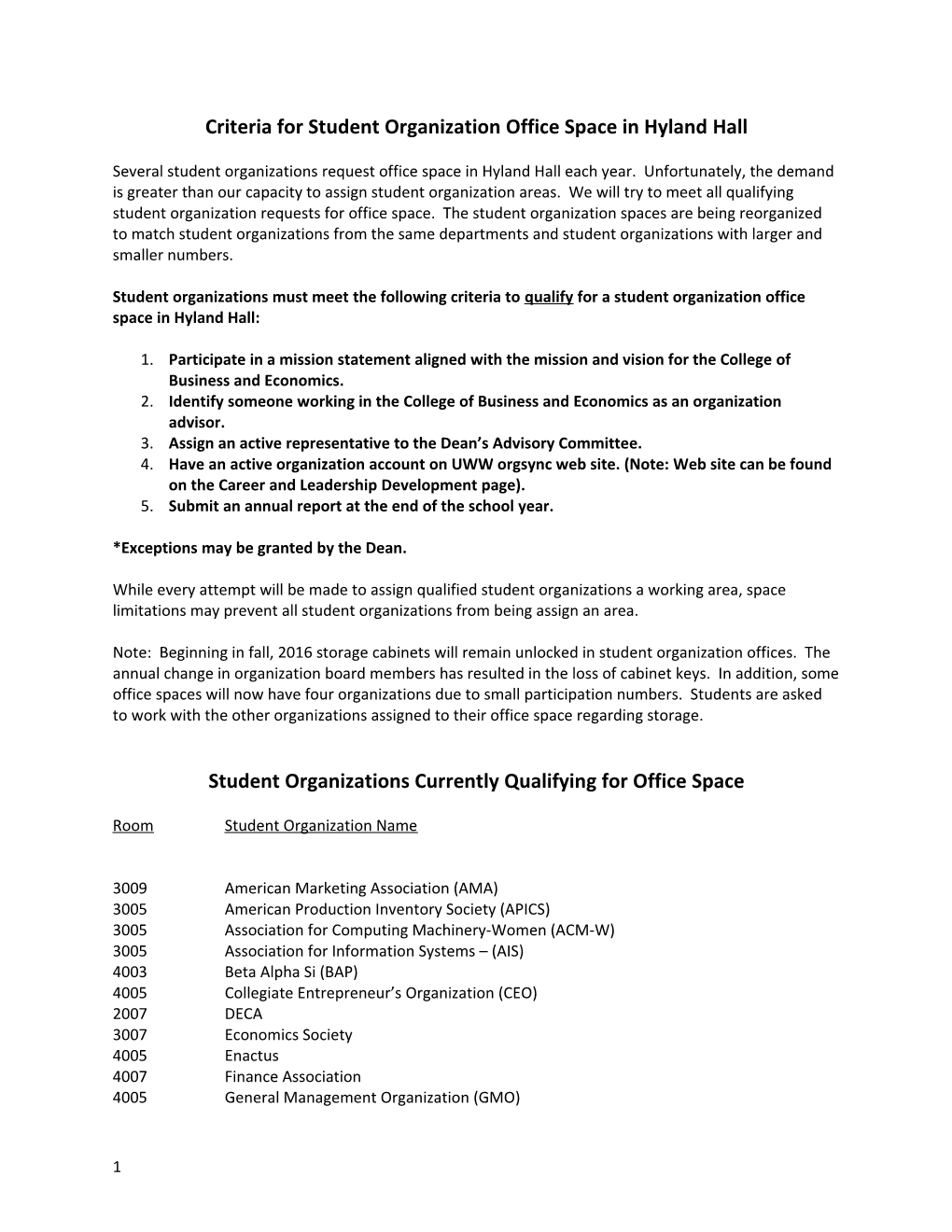 Criteria for Student Organization Office Space in Hyland Hall