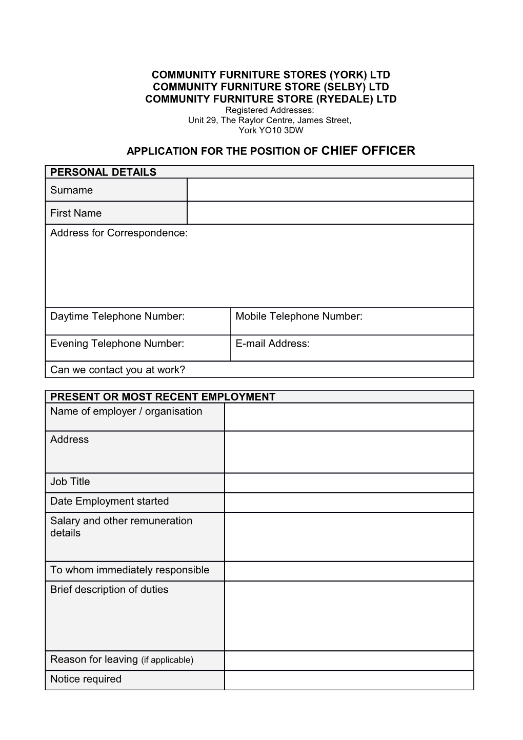 Application for the Position of Chief Officer