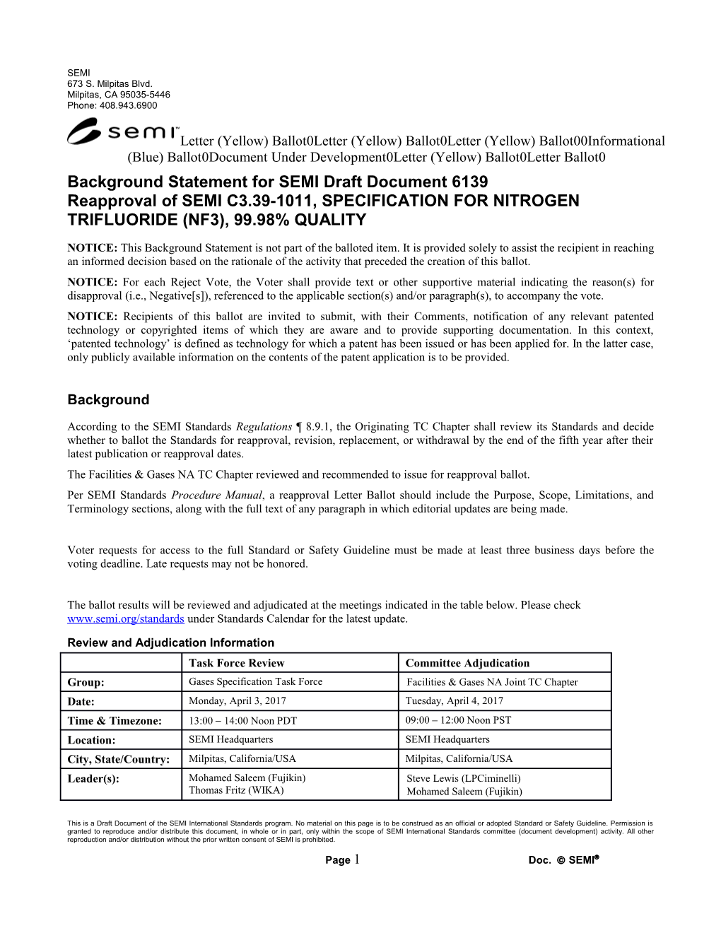 Background Statement for SEMI Draft Document 6139