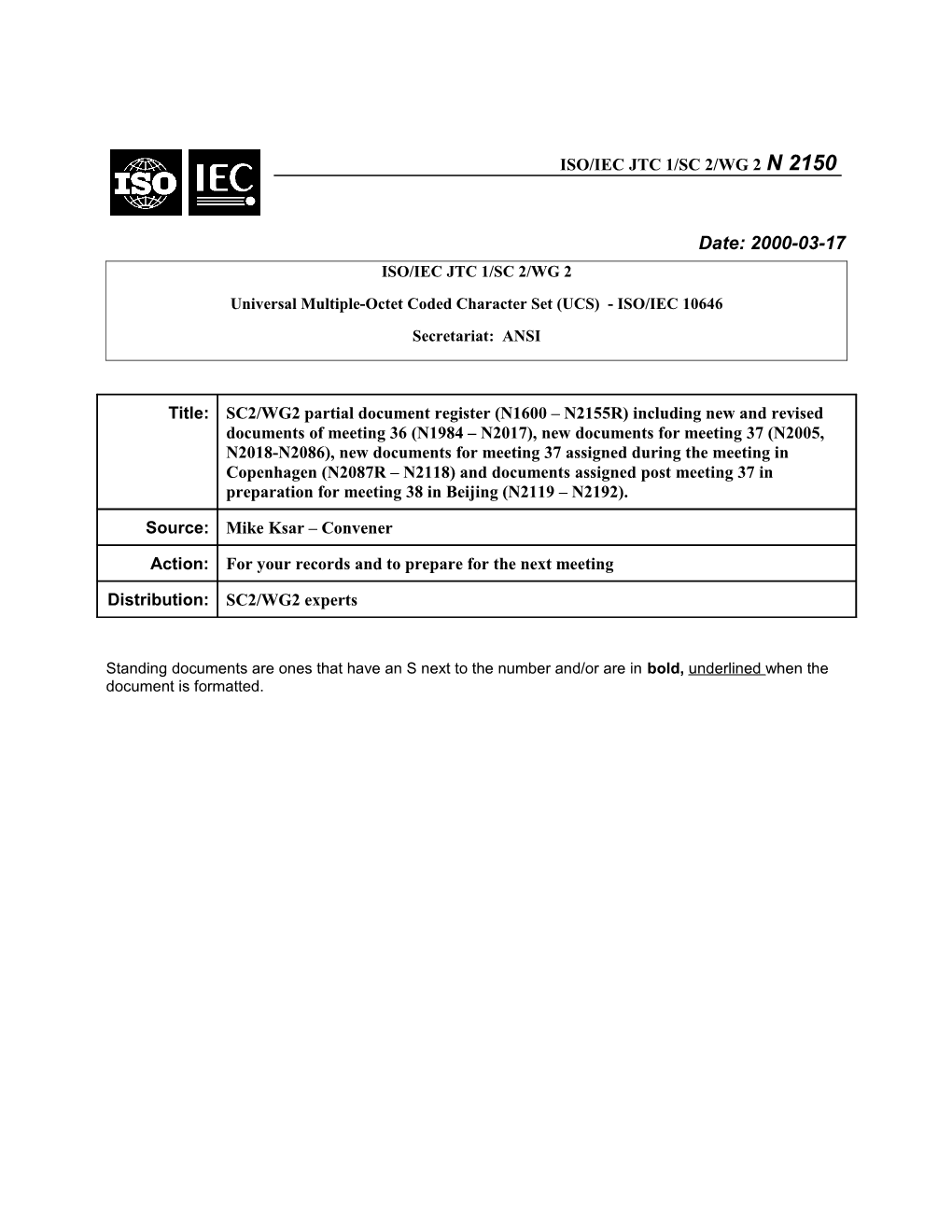 SC2/WG2 Partial Document Register