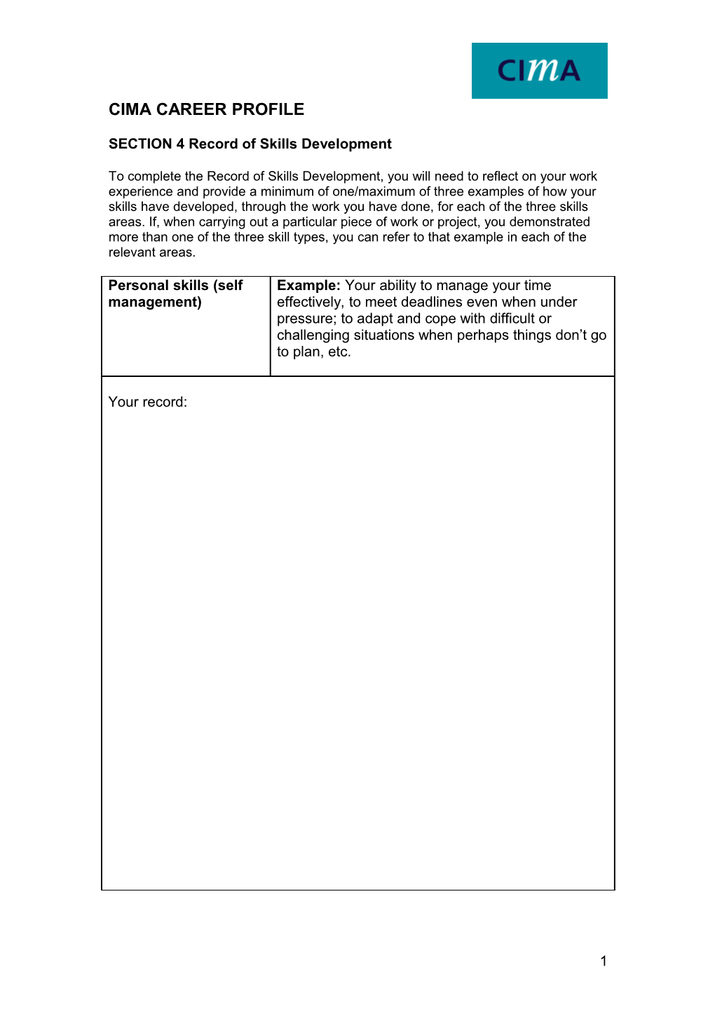 CIMA Career Profile - Record of Skills Development