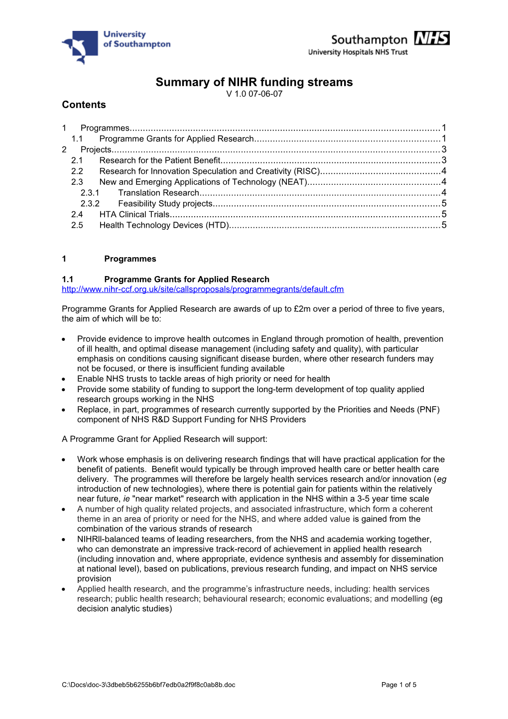 Summary of NIHR Funding Streams