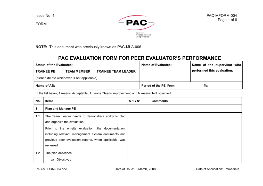 Evaluation Form for Peer Evaluator S Performance