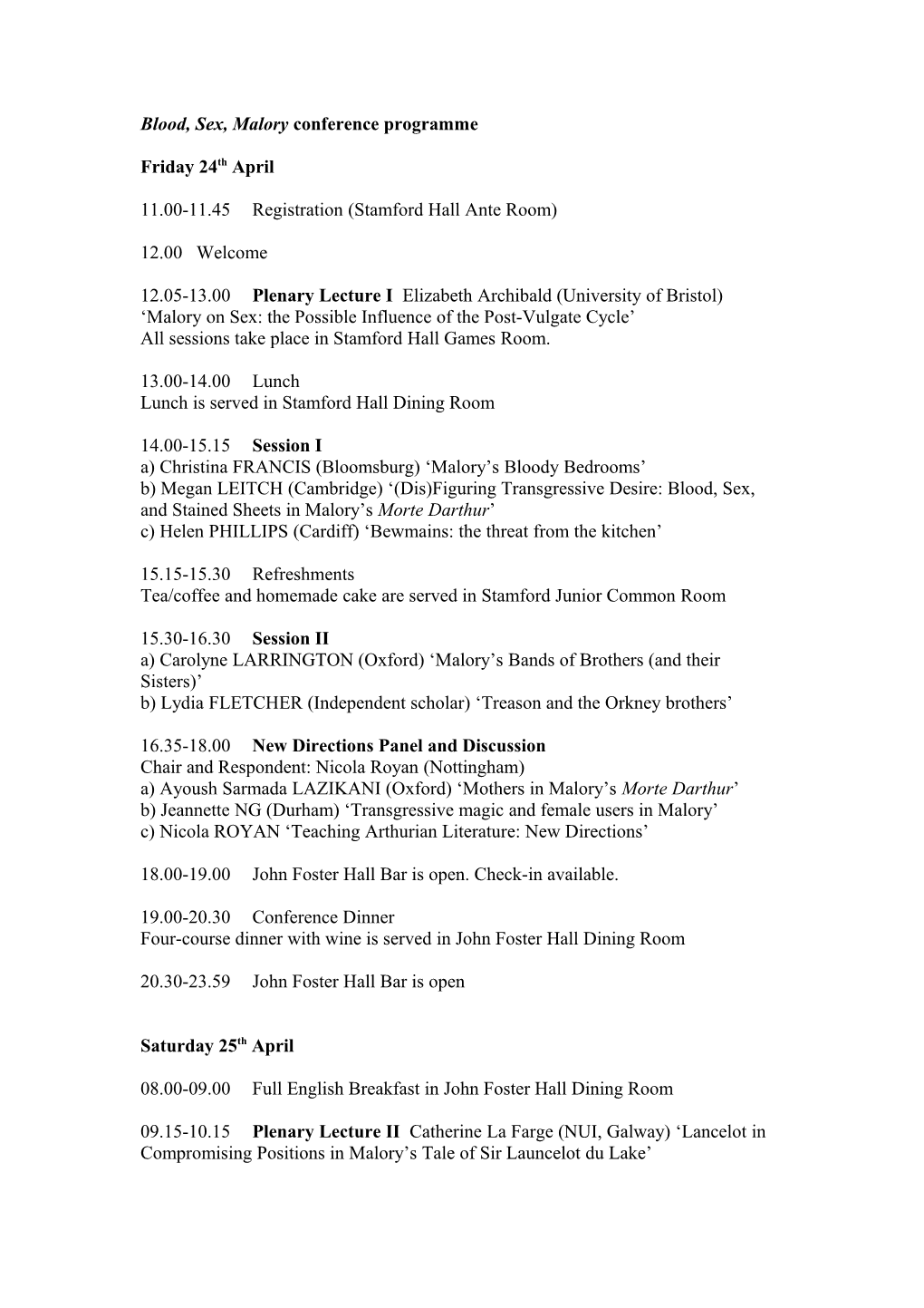 Provisional Malory Conference Programme