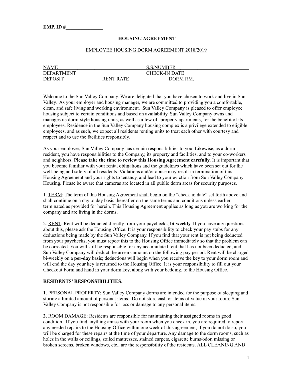 Employee Housing Dorm Agreement 2018/2019