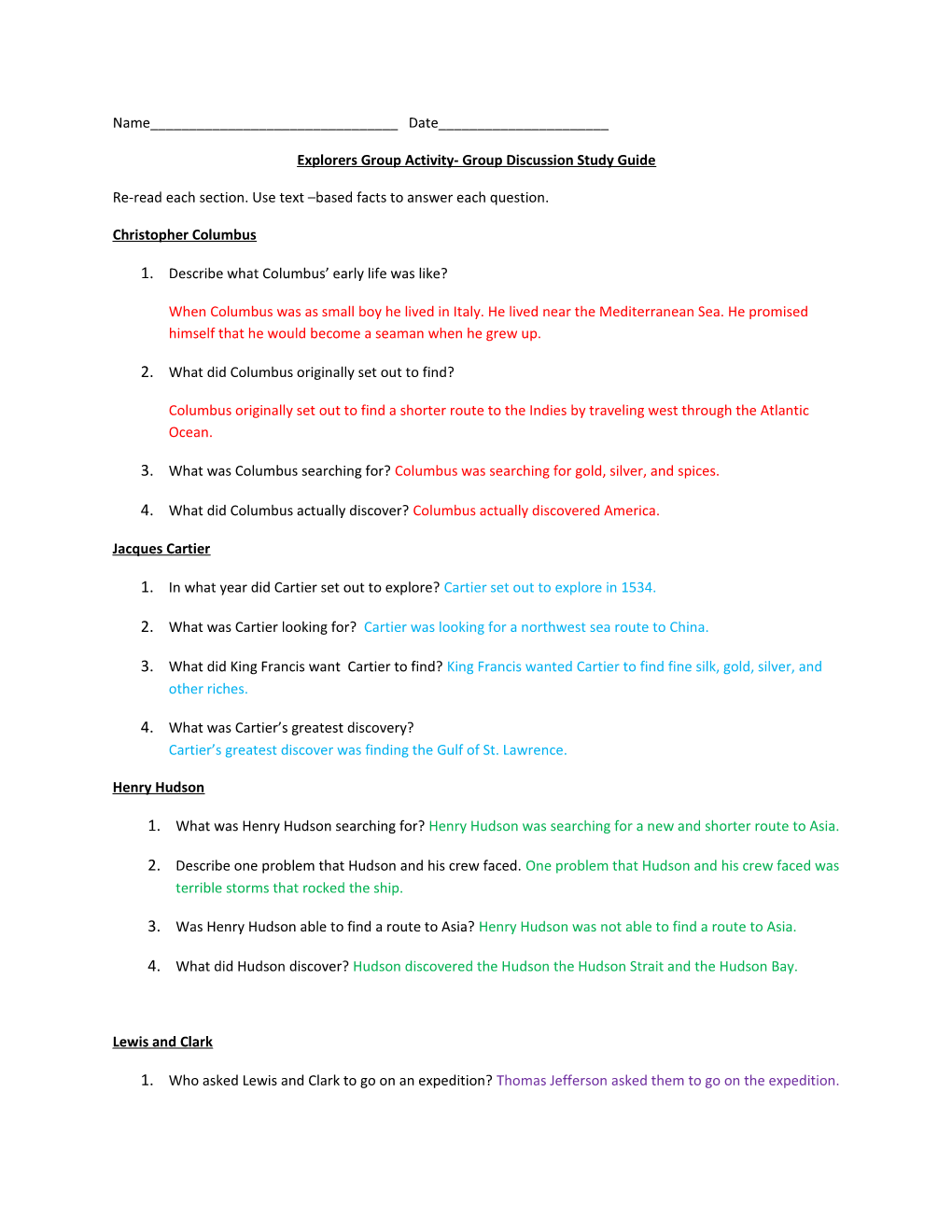 Explorers Group Activity- Group Discussion Study Guide