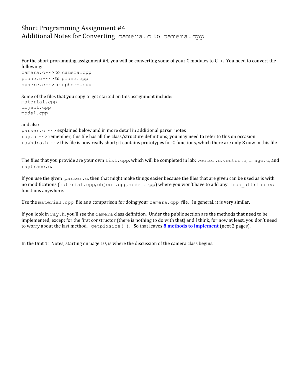 Additional Notes for Converting Camera.C to Camera.Cpp