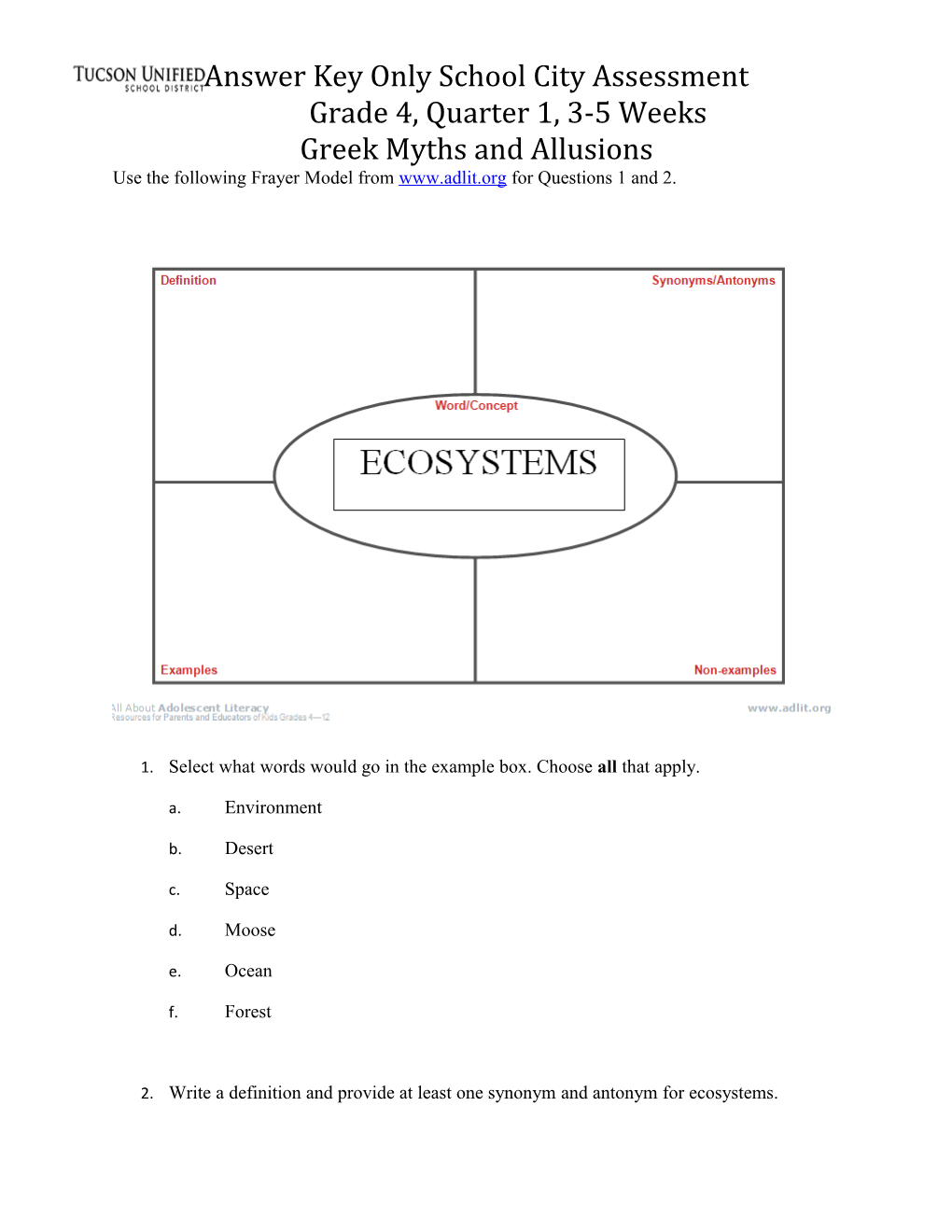 Use the Following Frayer Model from Questions 1 and 2